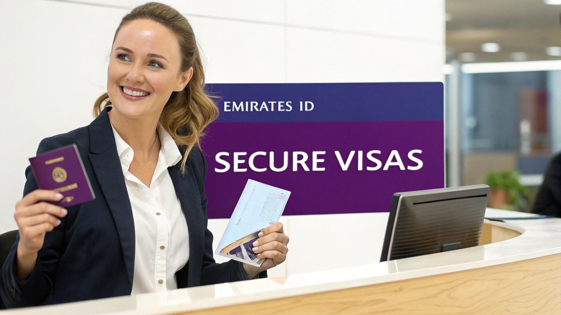 A group of professionals discussing visa application forms in a bright, modern Dubai office