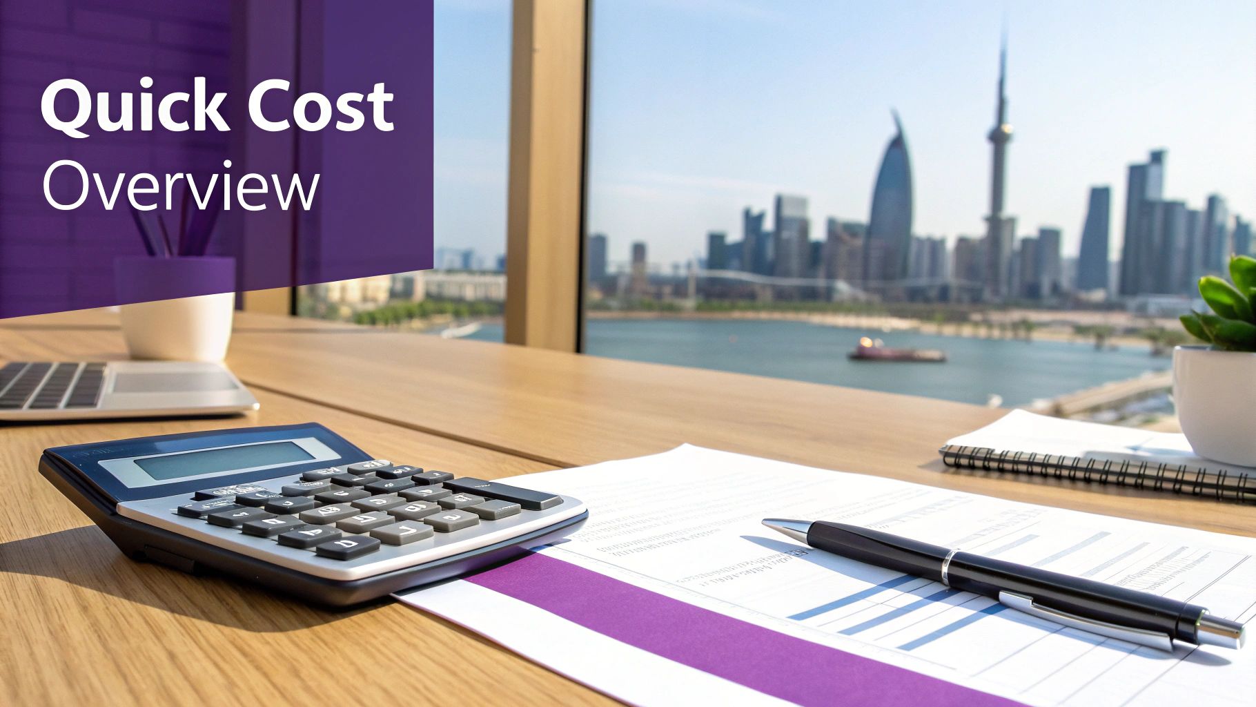 Desk with calculator, documents, and pen overlooking Dubai cityscape, highlighting 'Quick Cost Overview' text.