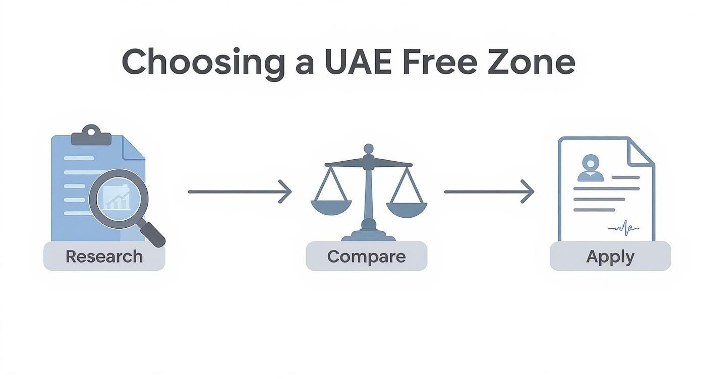 Three-step process infographic showing research, compare, and apply stages for choosing UAE free zone