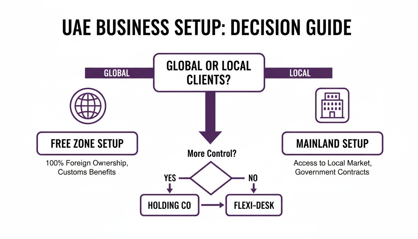 A decision guide flowchart for UAE business setup, detailing choices between Free Zone and Mainland based on client type and control.