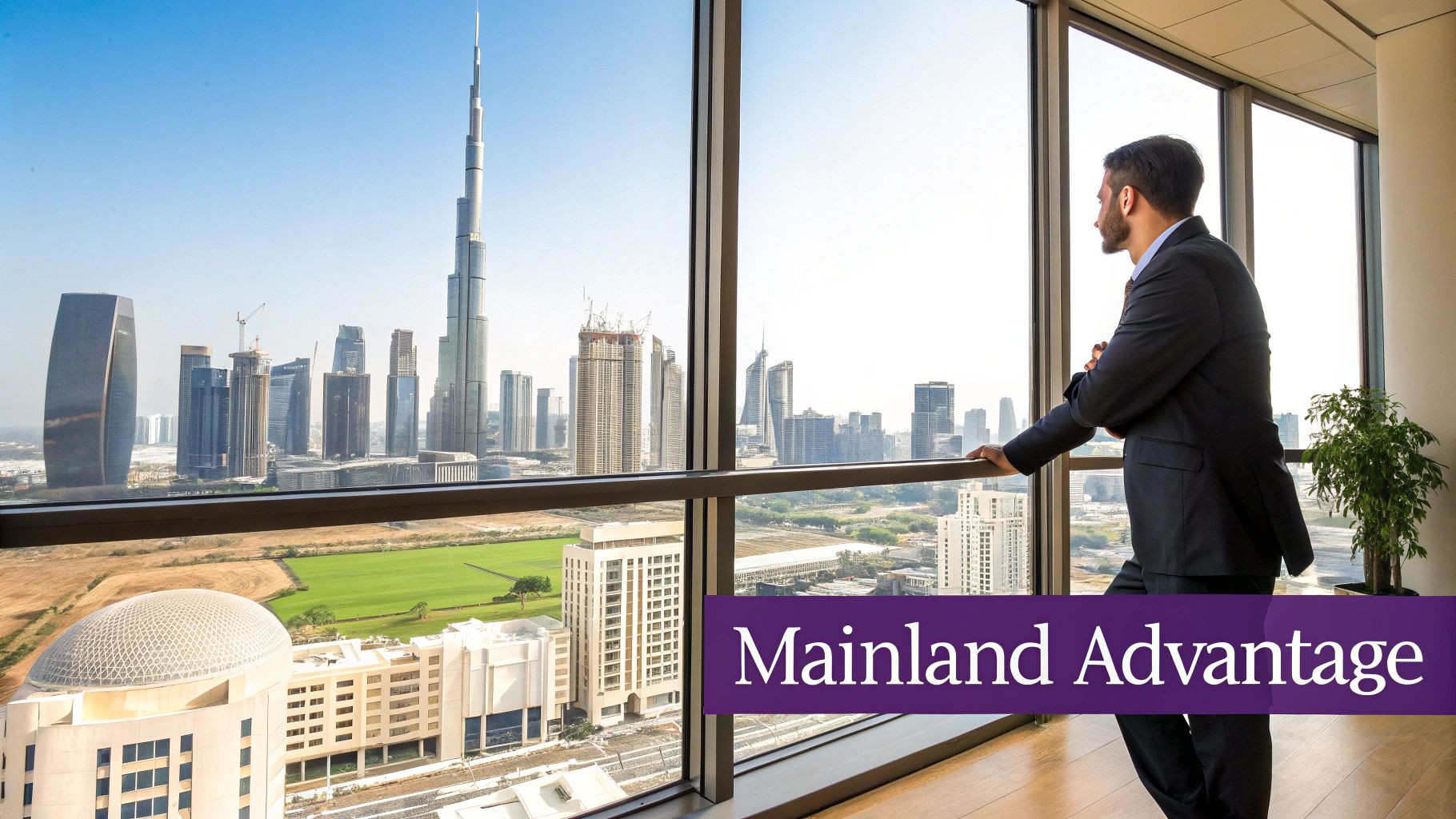 A modern cityscape of Dubai, showcasing its impressive architecture and infrastructure, symbolizing its status as a global business hub.