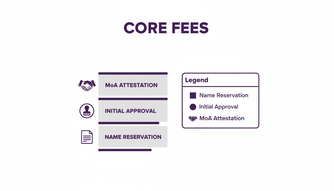 Core Fees diagram illustrating MoA Attestation, Initial Approval, and Name Reservation processes with a legend.