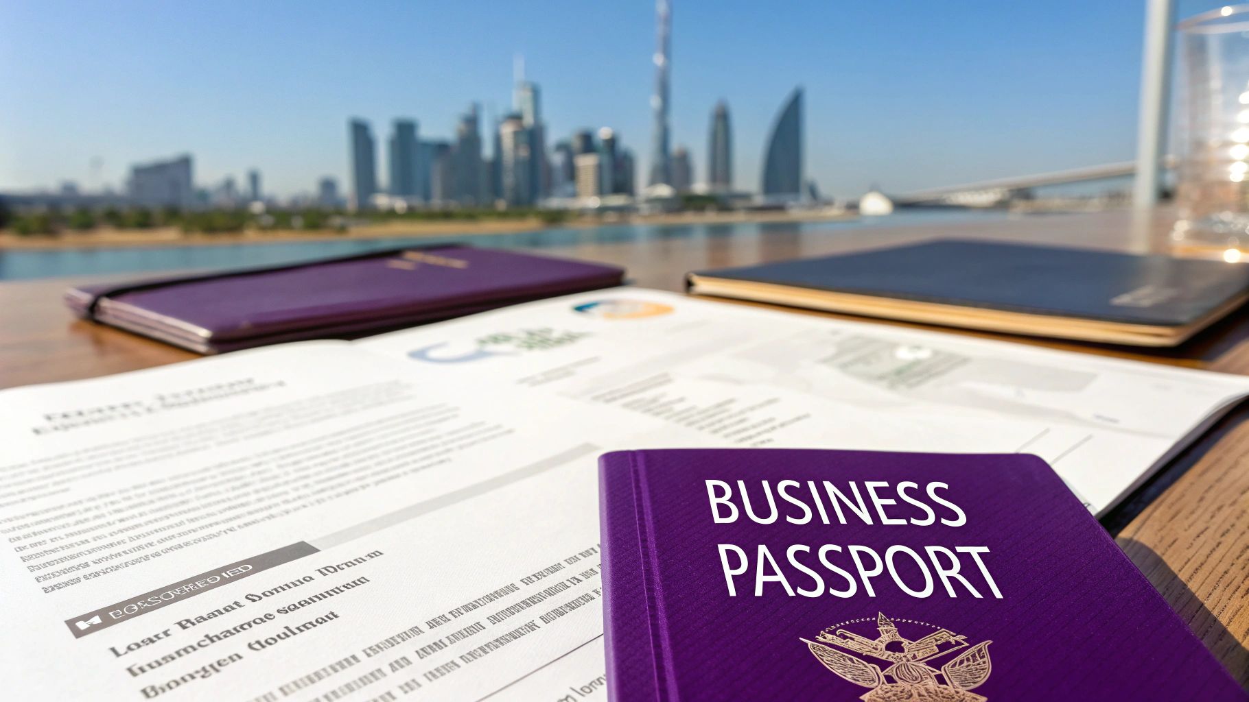 A modern cityscape of Dubai with futuristic buildings and clear blue skies, representing business opportunities.