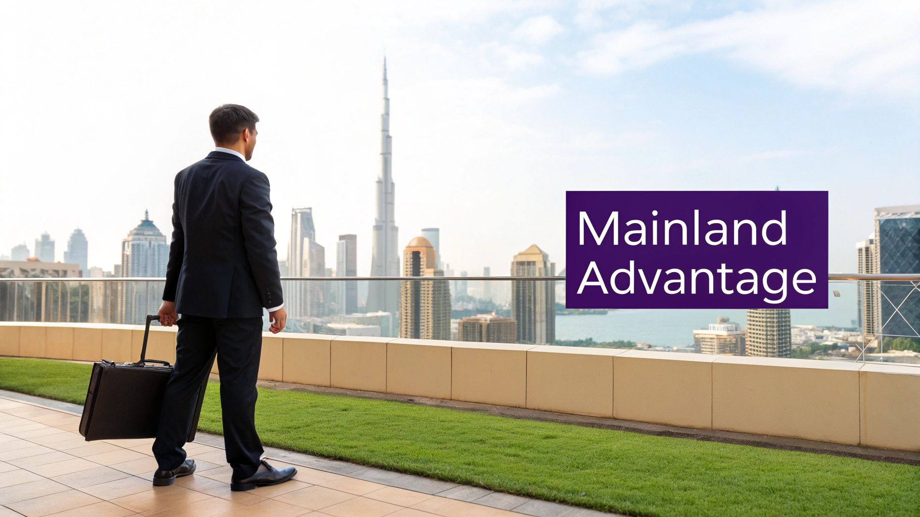 A modern cityscape with tall glass buildings, symbolising the opportunities of a mainland business setup.