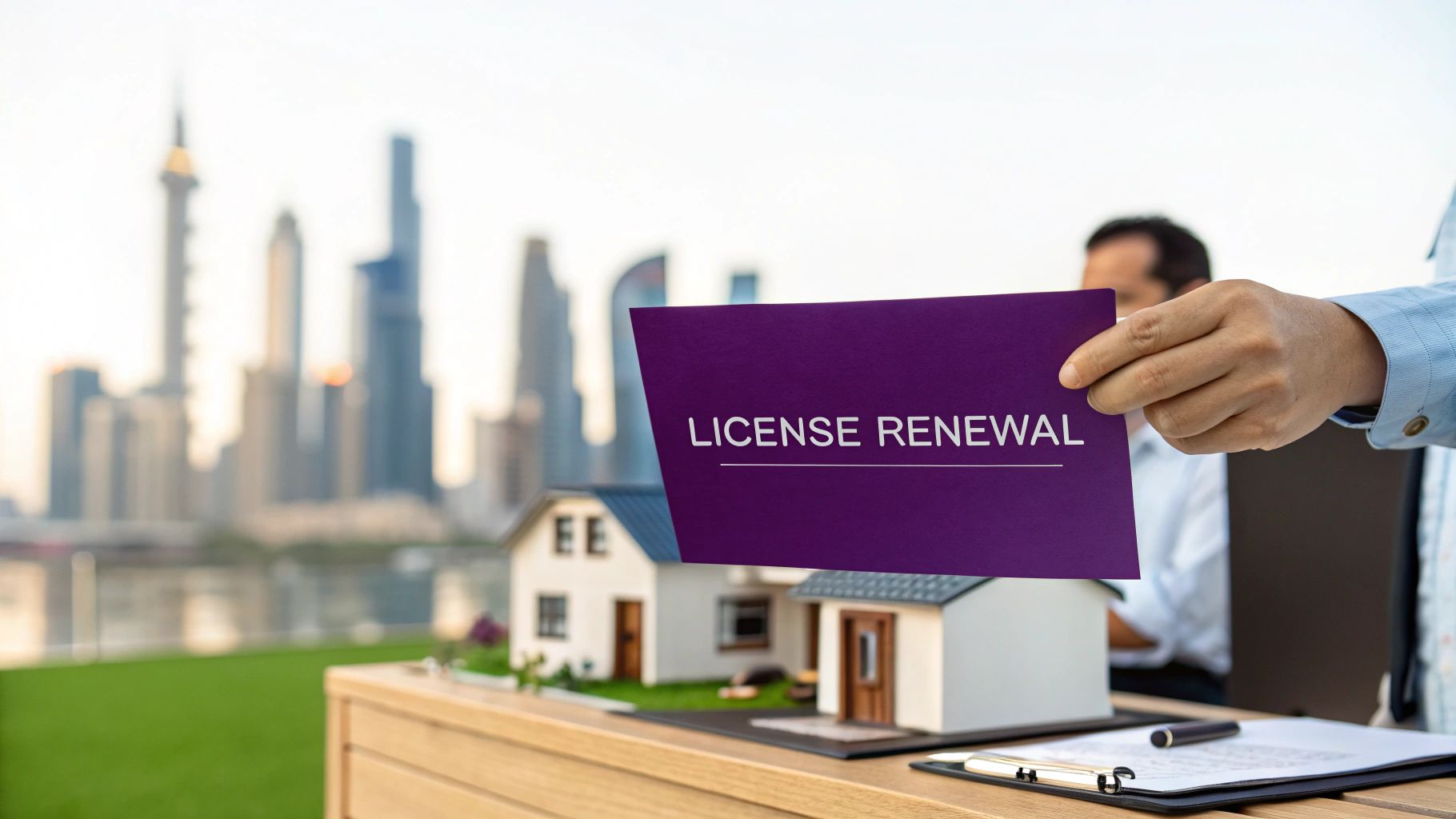 A group of professionals in a modern Dubai office, discussing documents for trade license renewal.