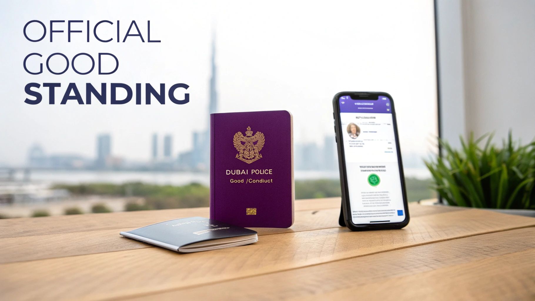 Dubai Police Good Conduct Certificate with passport and mobile phone displaying digital verification on wooden desk