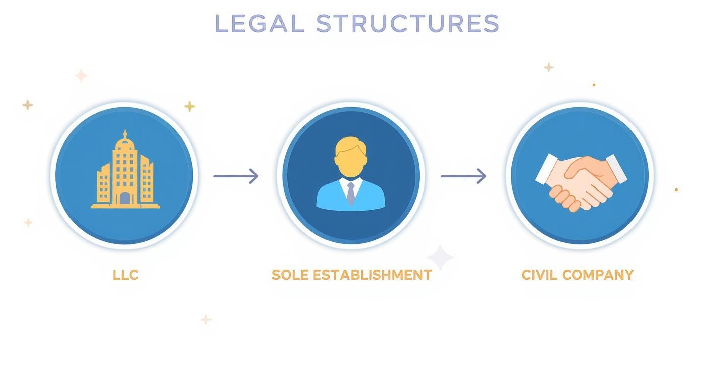 Infographic illustrating the process flow for different Dubai mainland legal structures like LLC, Sole Establishment, and Civil Company.