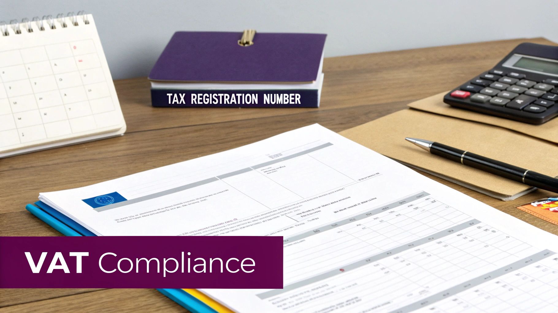 Tax documents, calculator, calendar, and a 'VAT Compliance' banner on a wooden desk.