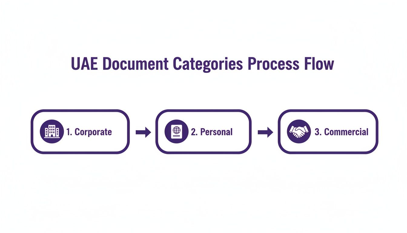 A process flow diagram illustrating UAE document categories for corporate, personal, and commercial services.