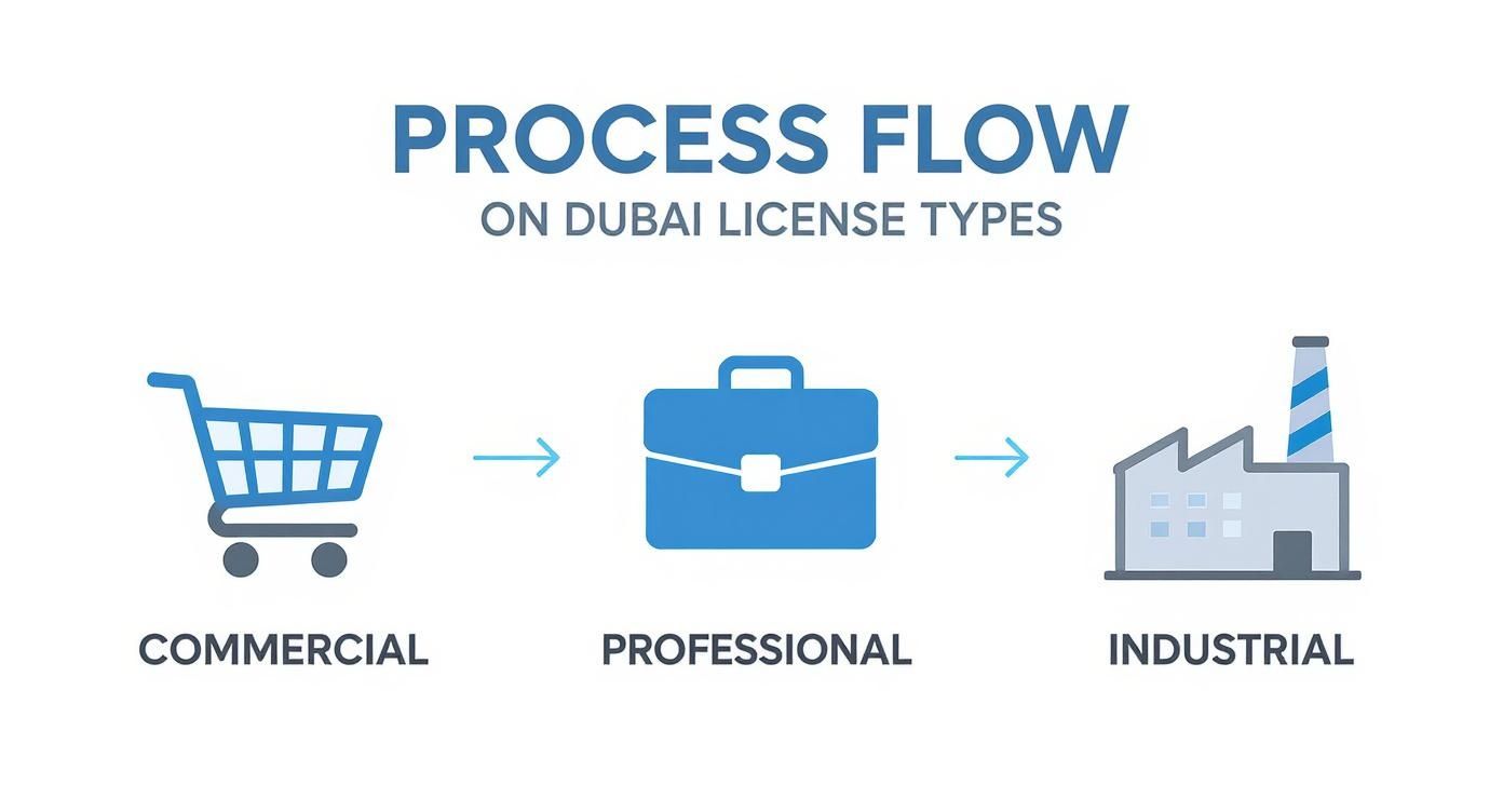 Infographic illustrating the process flow for obtaining a Commercial, Professional, or Industrial trade licence in Dubai, with icons for each.