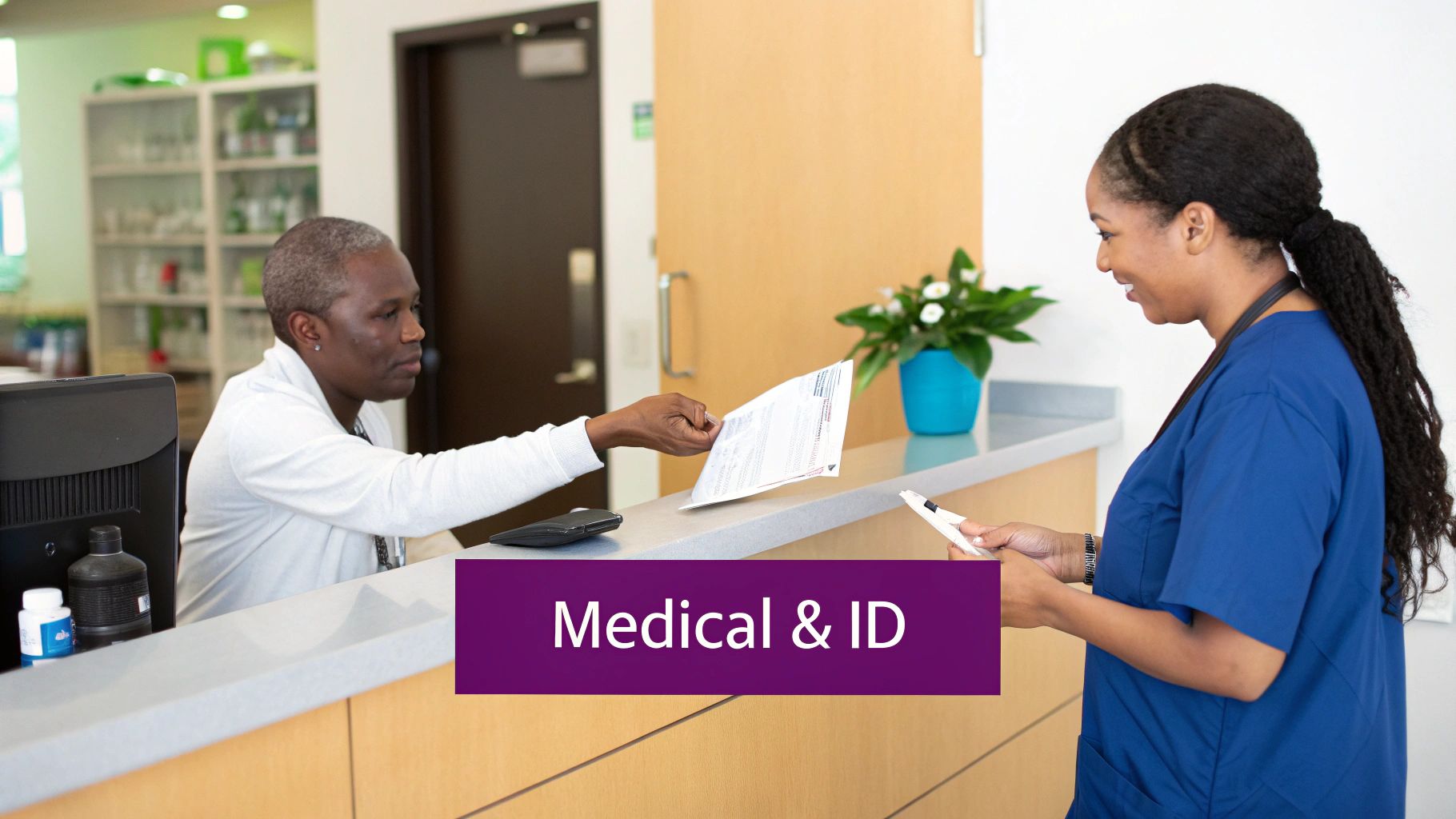 Medical receptionist hands patient documents to a smiling nurse at a healthcare facility counter.