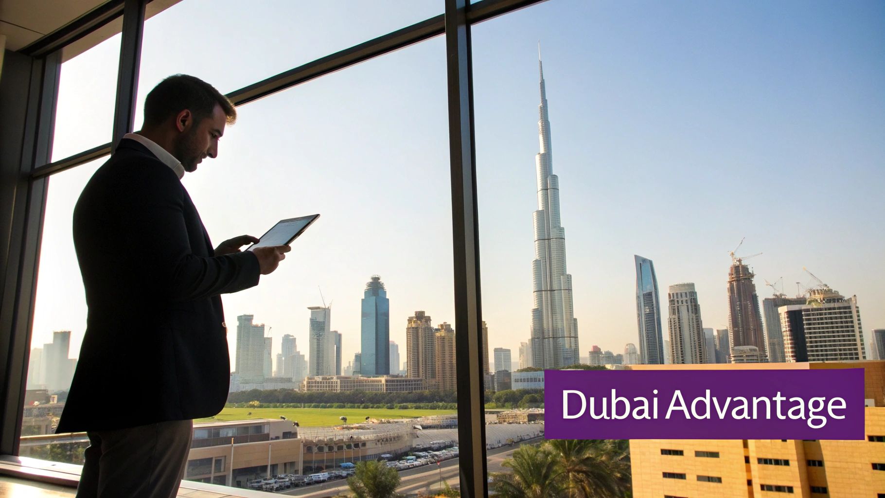 A panoramic view of the Dubai skyline with its modern skyscrapers and bustling city life, representing a prime business destination.