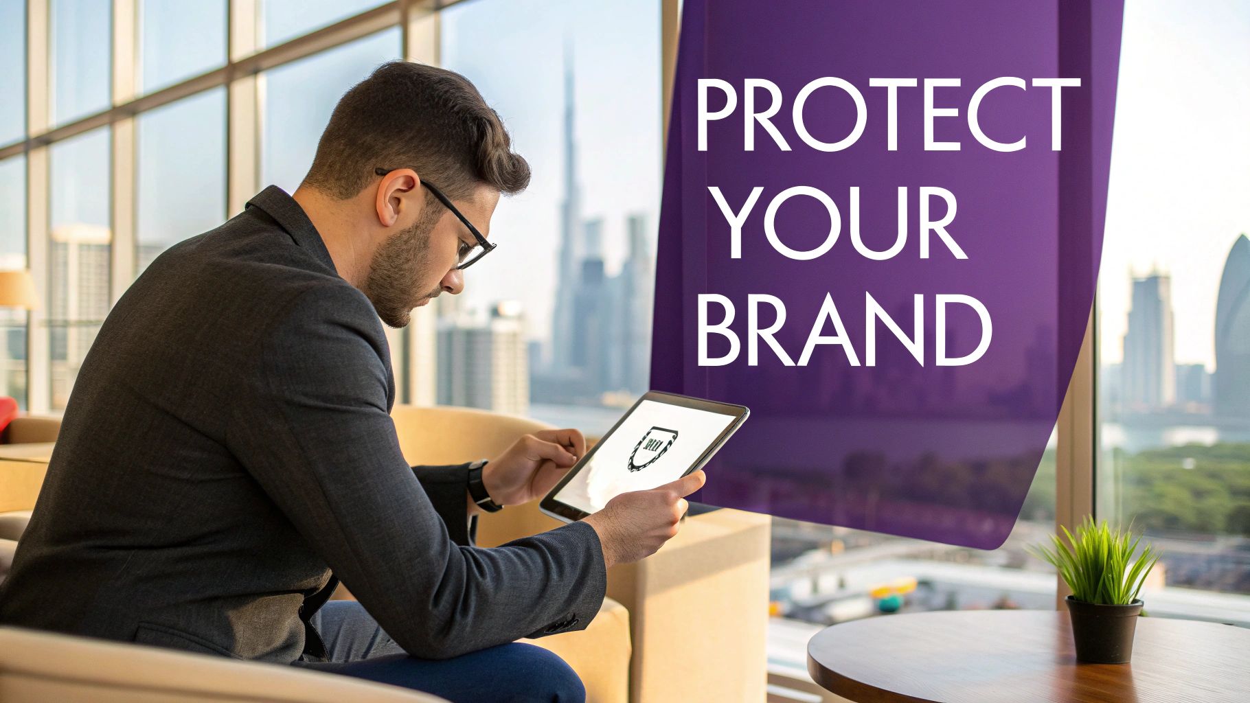 Professional in glasses using a tablet with a brand protection logo, overlooking a Dubai city view.