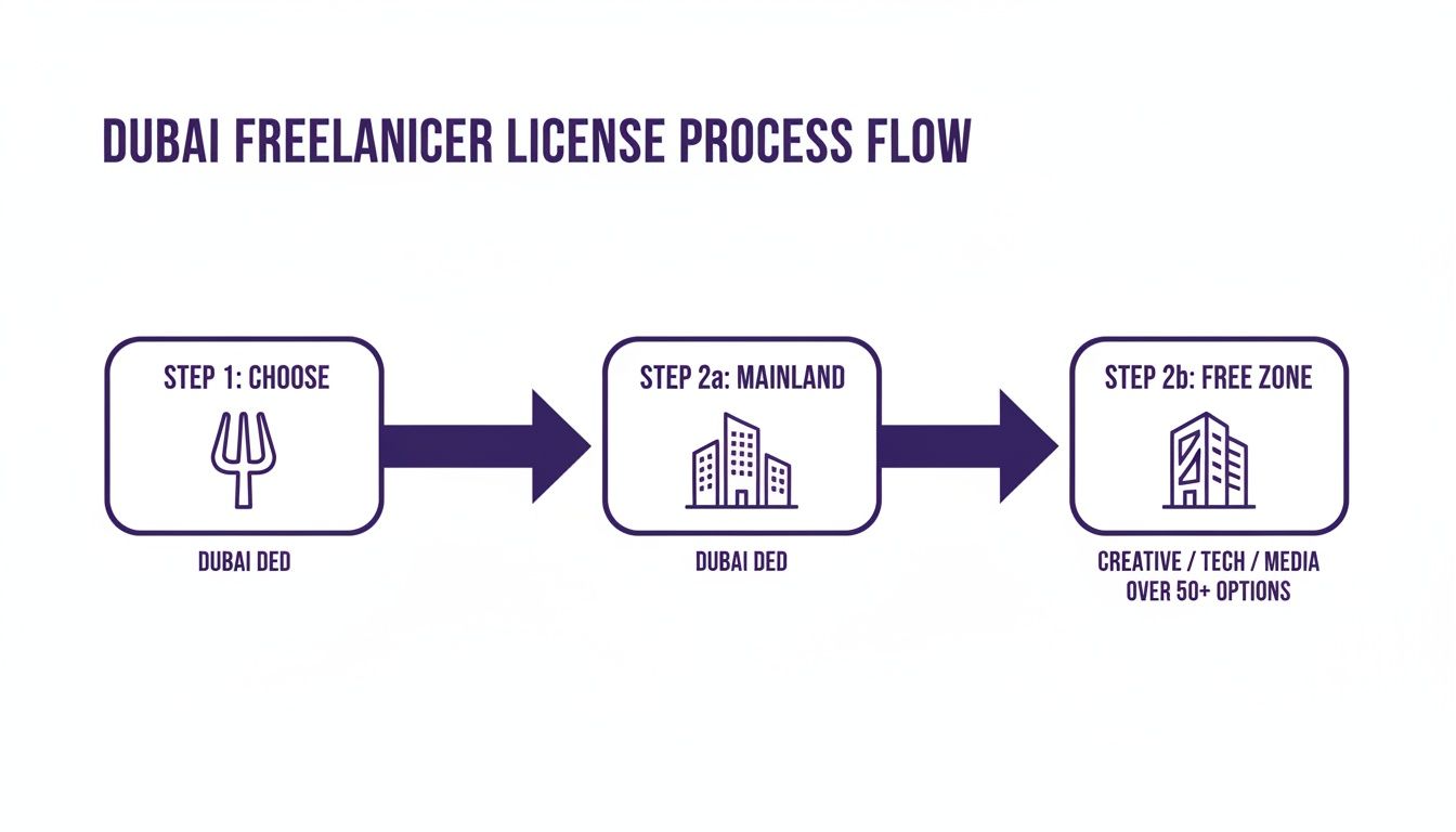 Flowchart for Dubai freelancer license process, outlining steps for DED mainland or free zone options.