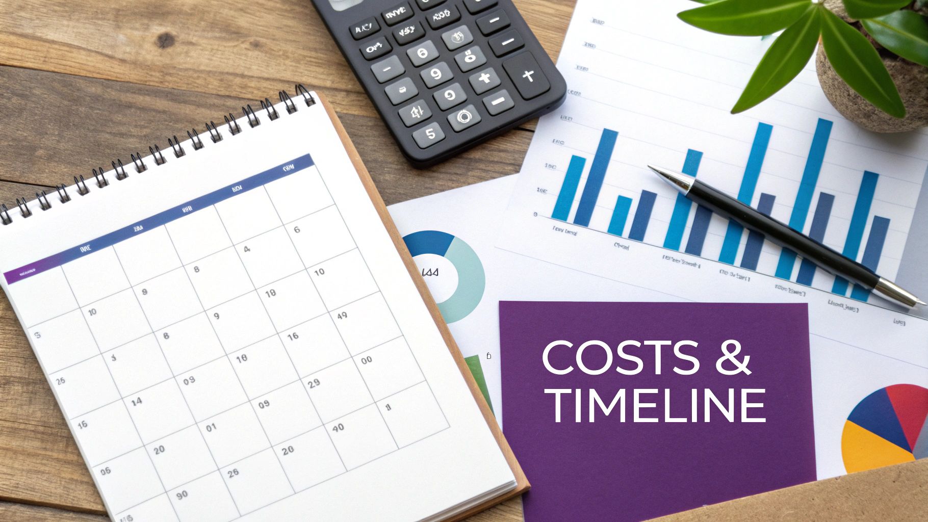 A desk with a calendar, calculator, charts, and a paper titled 'COSTS & TIMELINE', depicting business planning.