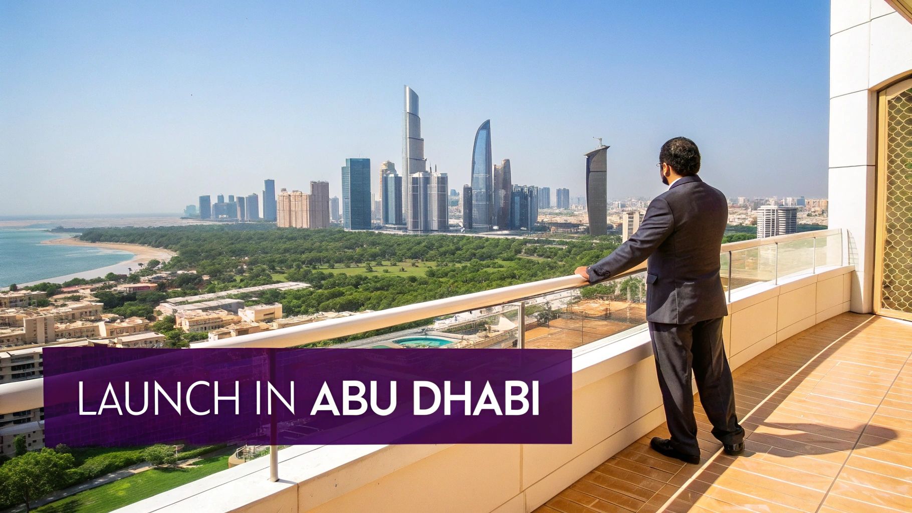 A businessman on a high-rise balcony overlooking the modern Abu Dhabi skyline, coastline, and green parks.