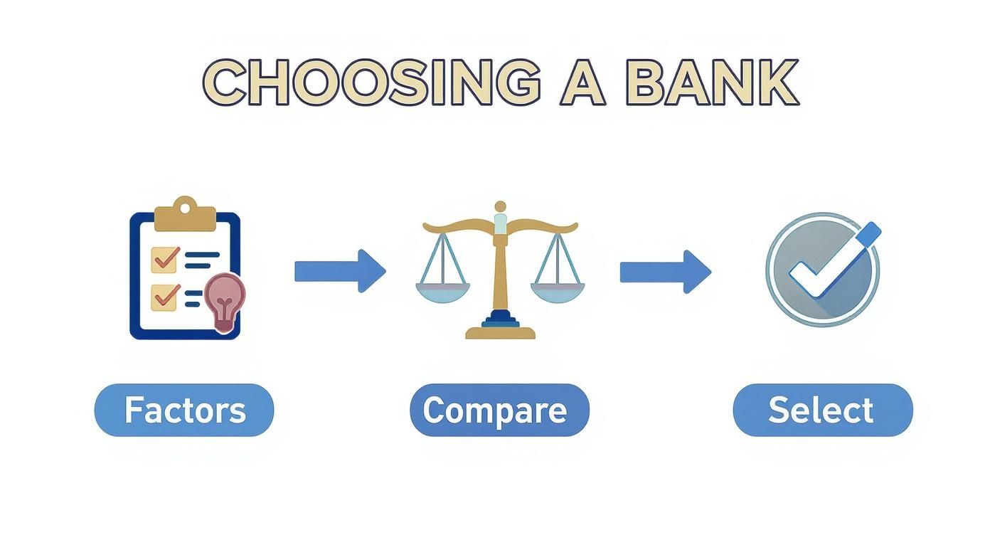 Infographic showing three steps: Factors, Compare, and Select, for choosing a bank account.