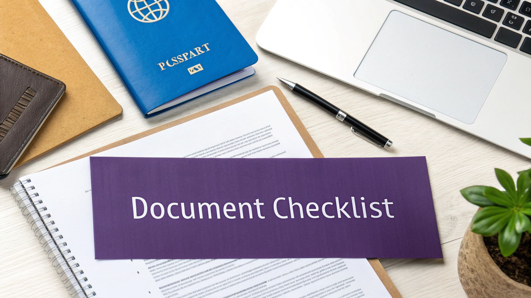 A top-down view of a desk with a blue passport, laptop, pen, and 'Document Checklist' card.