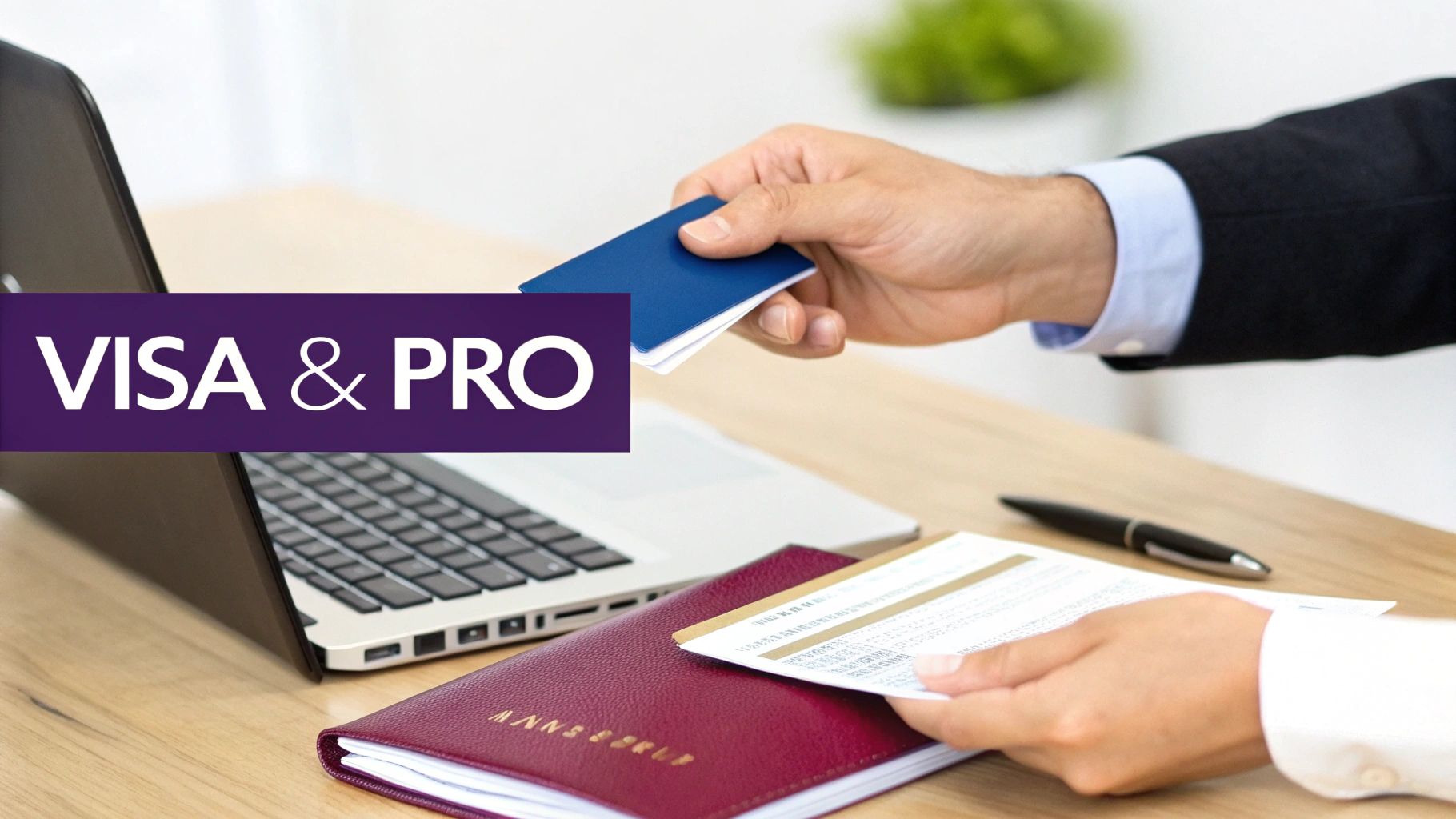 Hands processing visa and passport documents on a desk with a laptop.