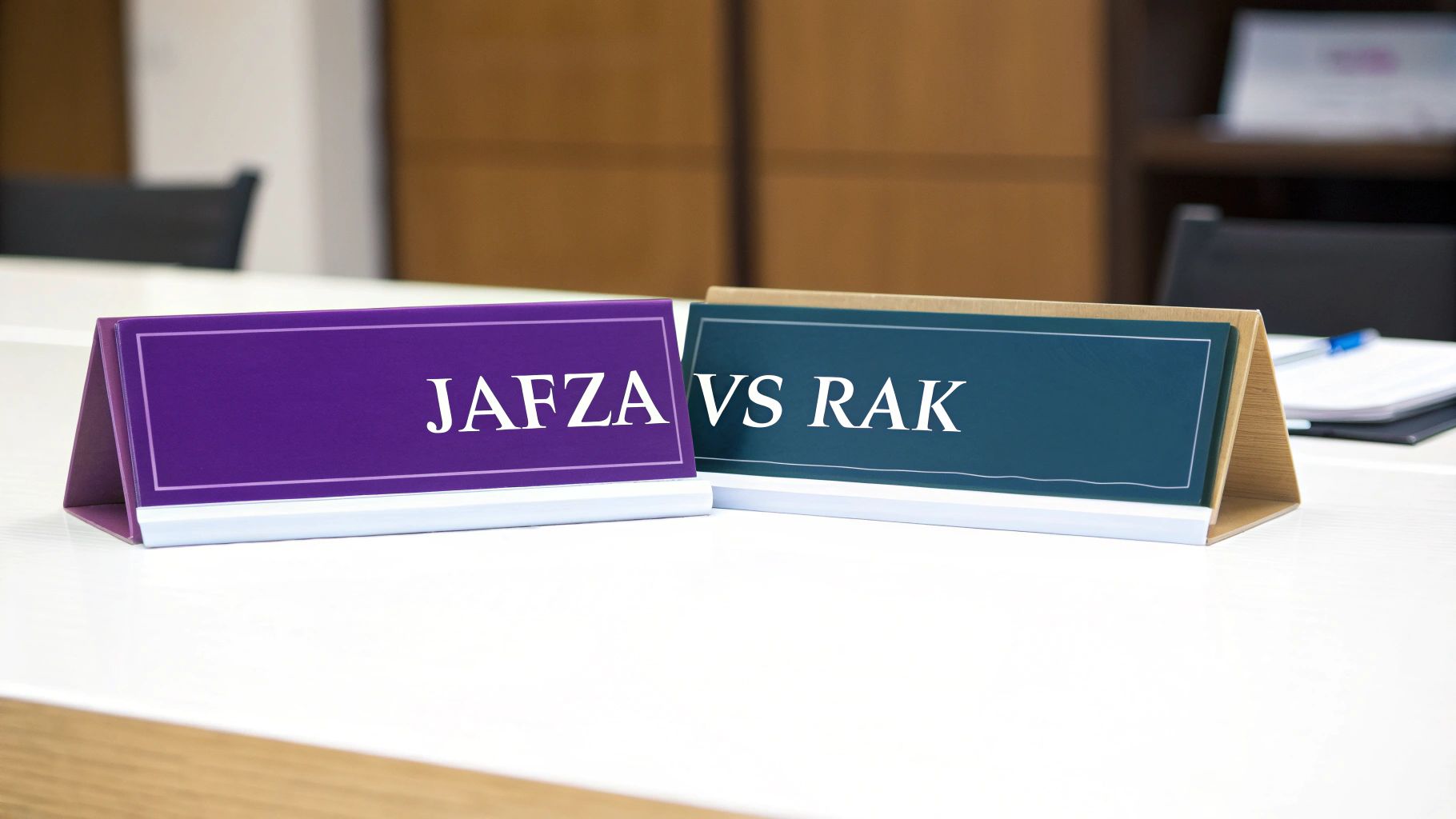 Two desk signs on a white table, one purple with JAFZA and one teal with VS RAK.