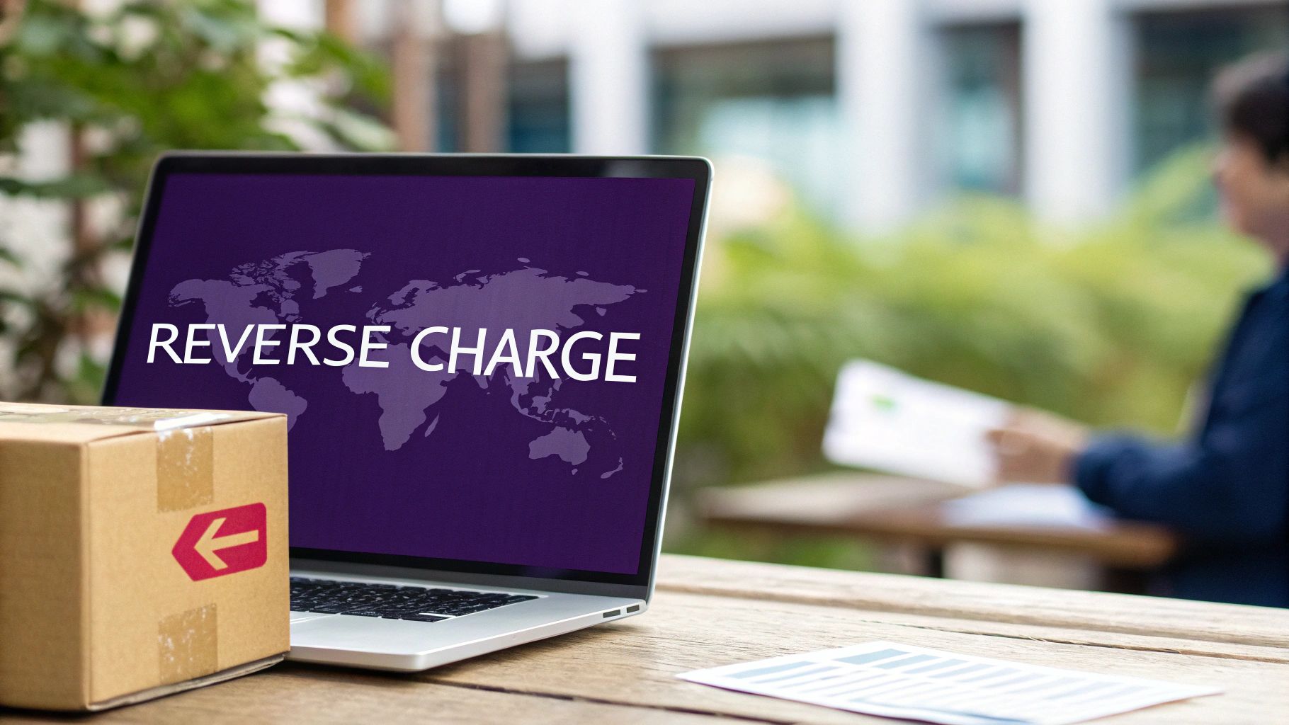A laptop displaying 'REVERSE CHARGE' and a world map, next to a shipping box on a wooden desk.