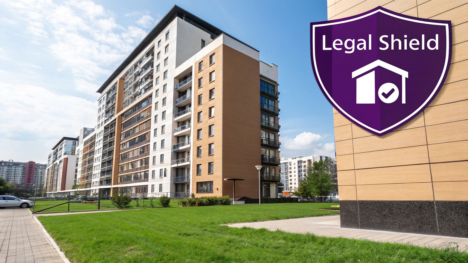 A modern building with a shield icon superimposed, symbolizing legal protection.