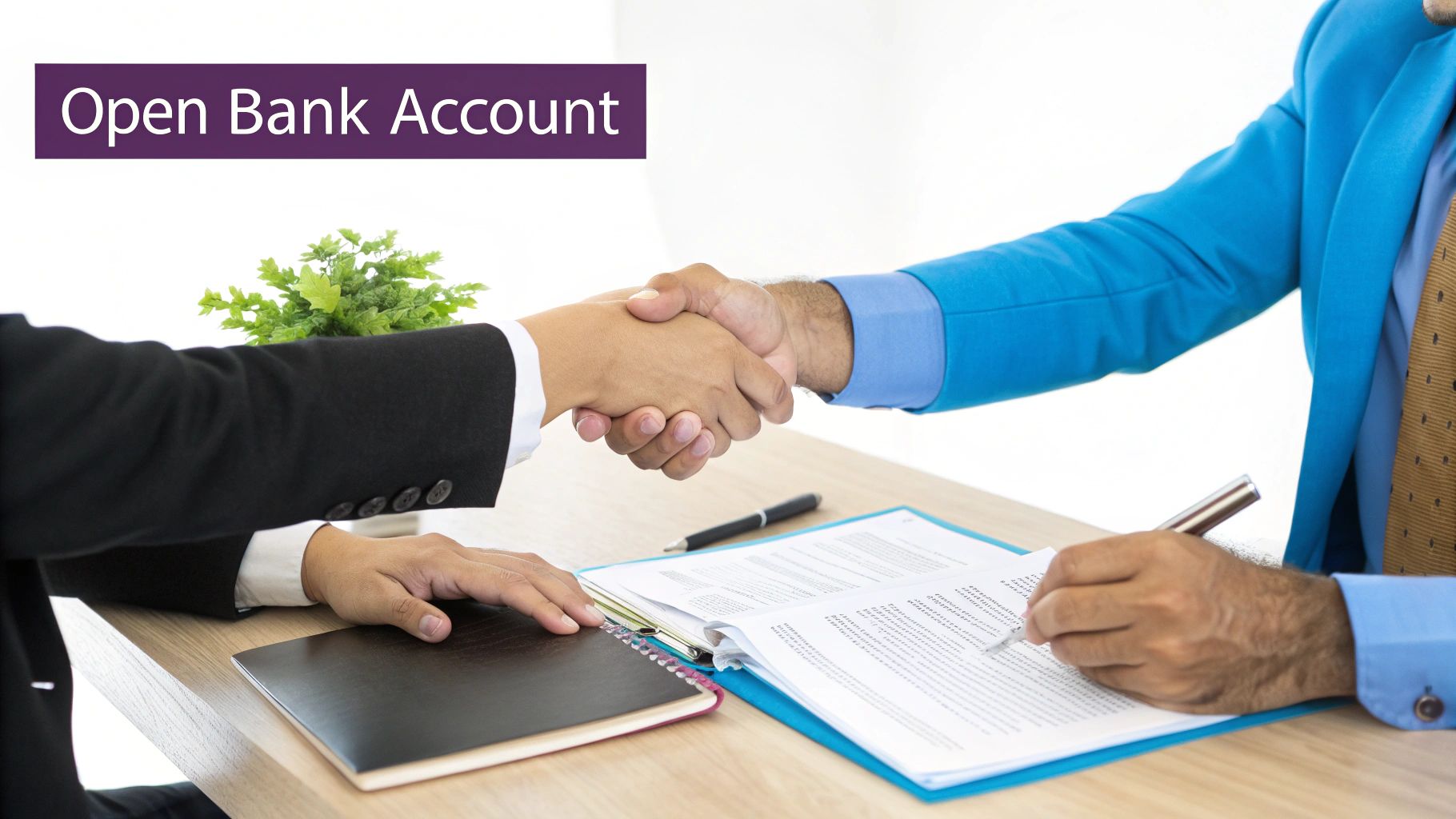 A professional businessperson reviewing documents at a modern office desk with a laptop and coffee.