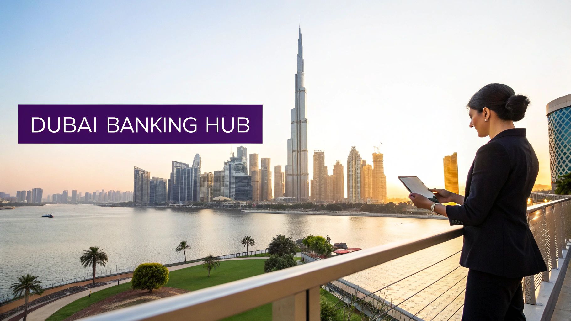 A businesswoman with a tablet overlooks the stunning Dubai skyline at sunset, featuring the Burj Khalifa and 'Dubai Banking Hub' text.
