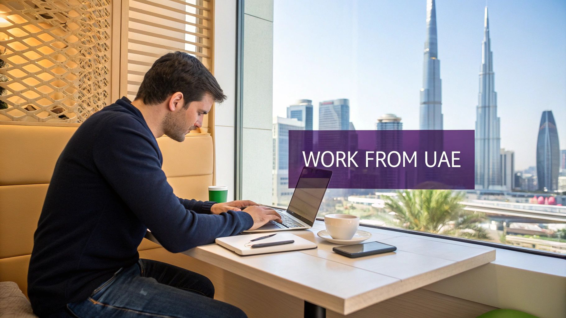 Professional working remotely on laptop in modern Dubai office with Burj Khalifa skyline view