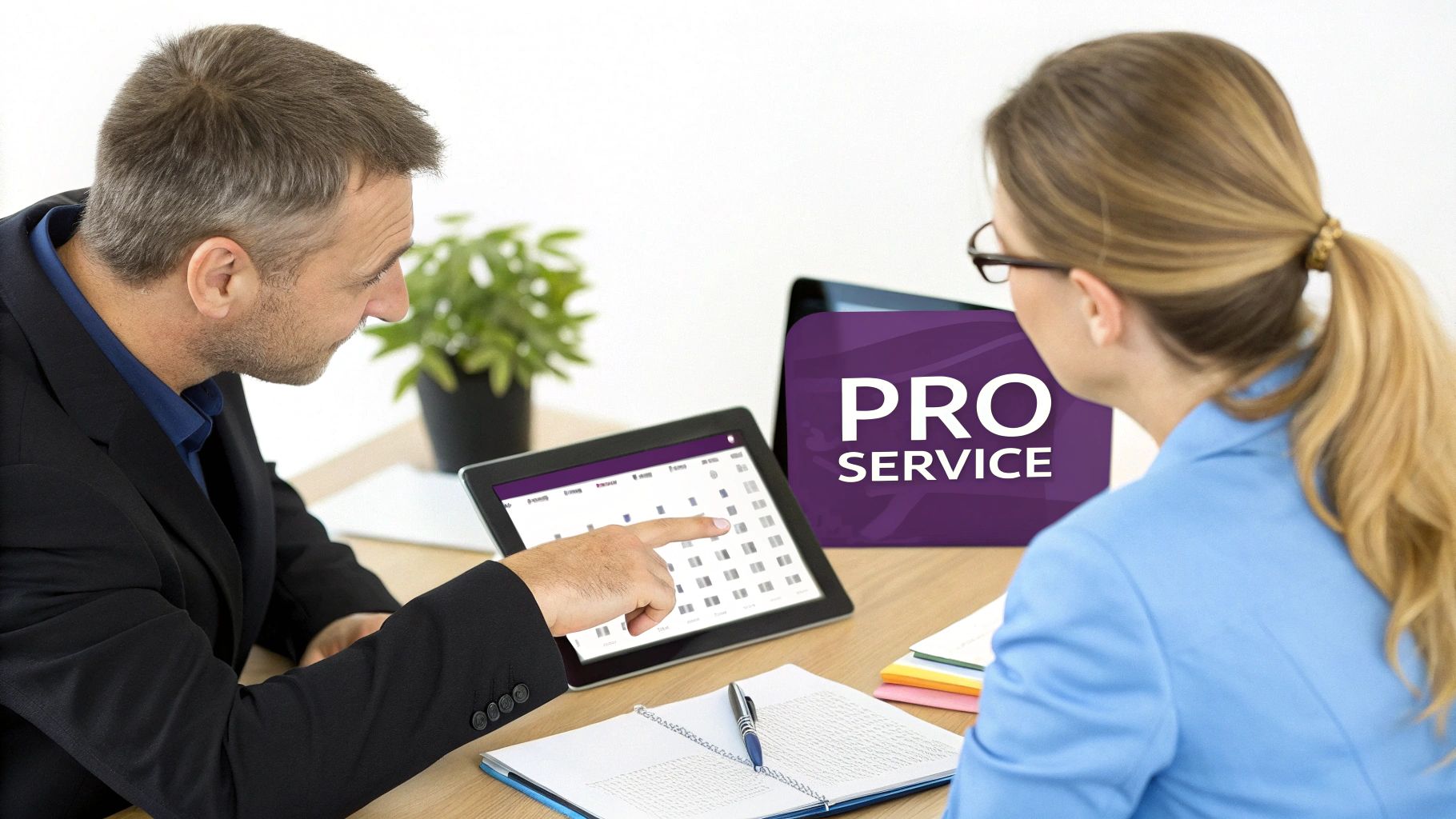Two professionals discussing a schedule on a tablet, with a 'PRO SERVICE' sign visible.