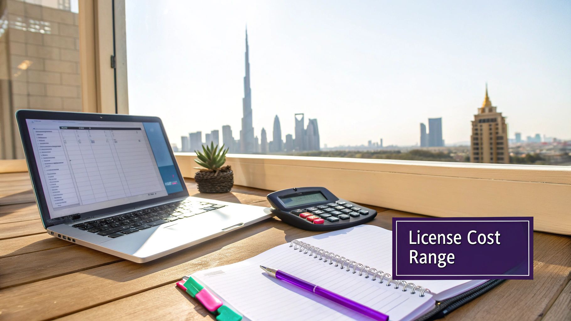 Laptop, calculator, and notebook on a wooden table with Dubai skyline, featuring 'License Cost Range' text.