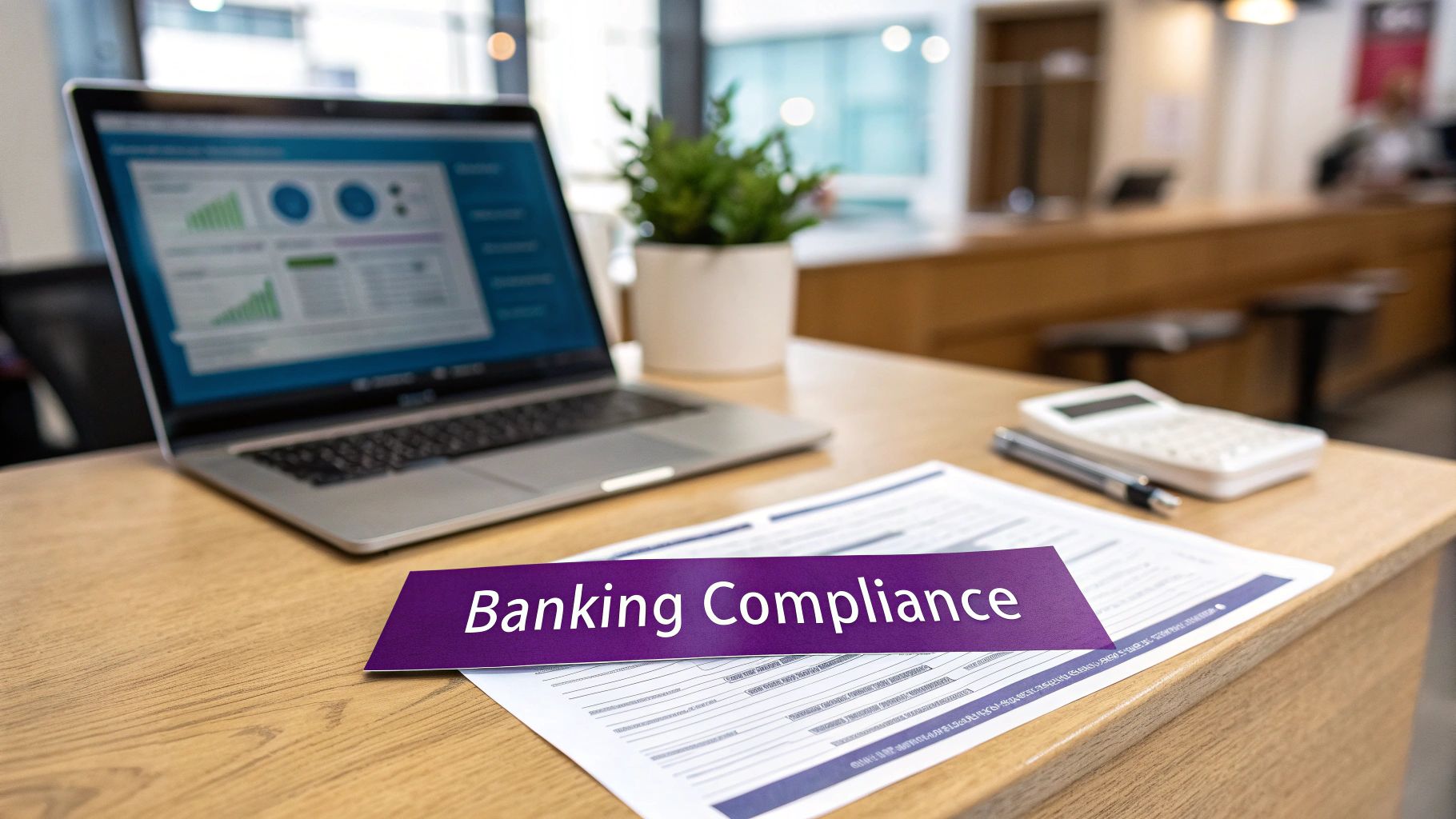 Desk with laptop displaying financial charts, 'Banking Compliance' document, calculator, and a plant.
