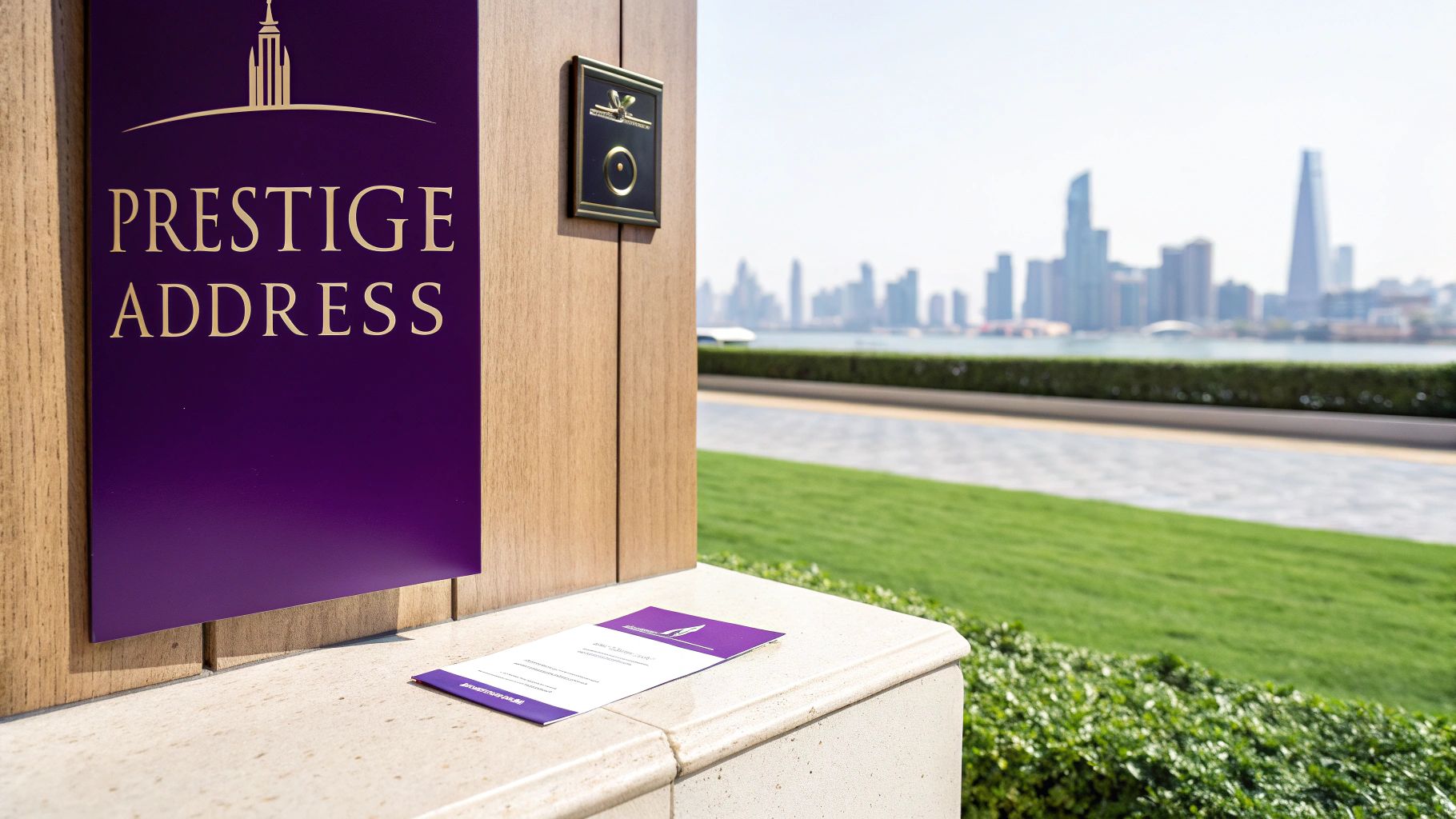 A purple 'Prestige Address' sign on wood, with a blurred city skyline and green landscaping in the background.