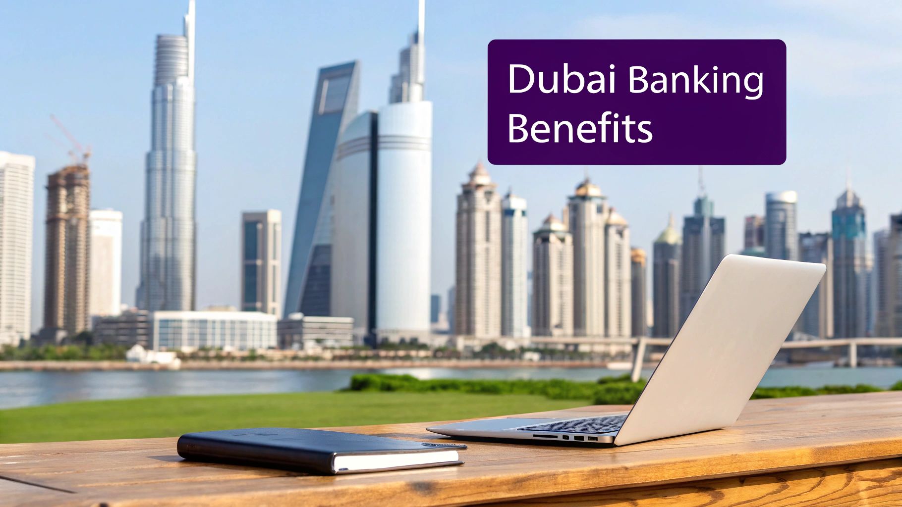 A laptop and notebook on a wooden table with the Dubai skyline in the background, featuring 'Dubai Banking Benefits' text.