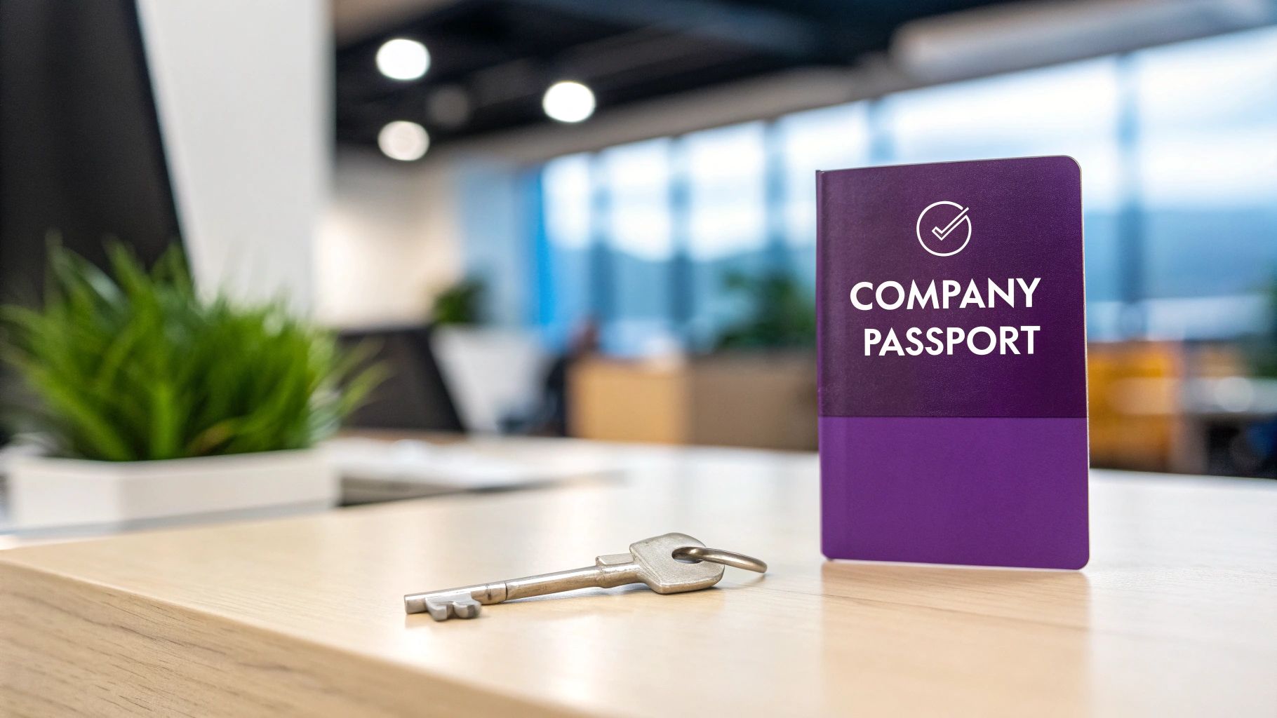 Purple company passport booklet with checkmark logo and keys on wooden office desk