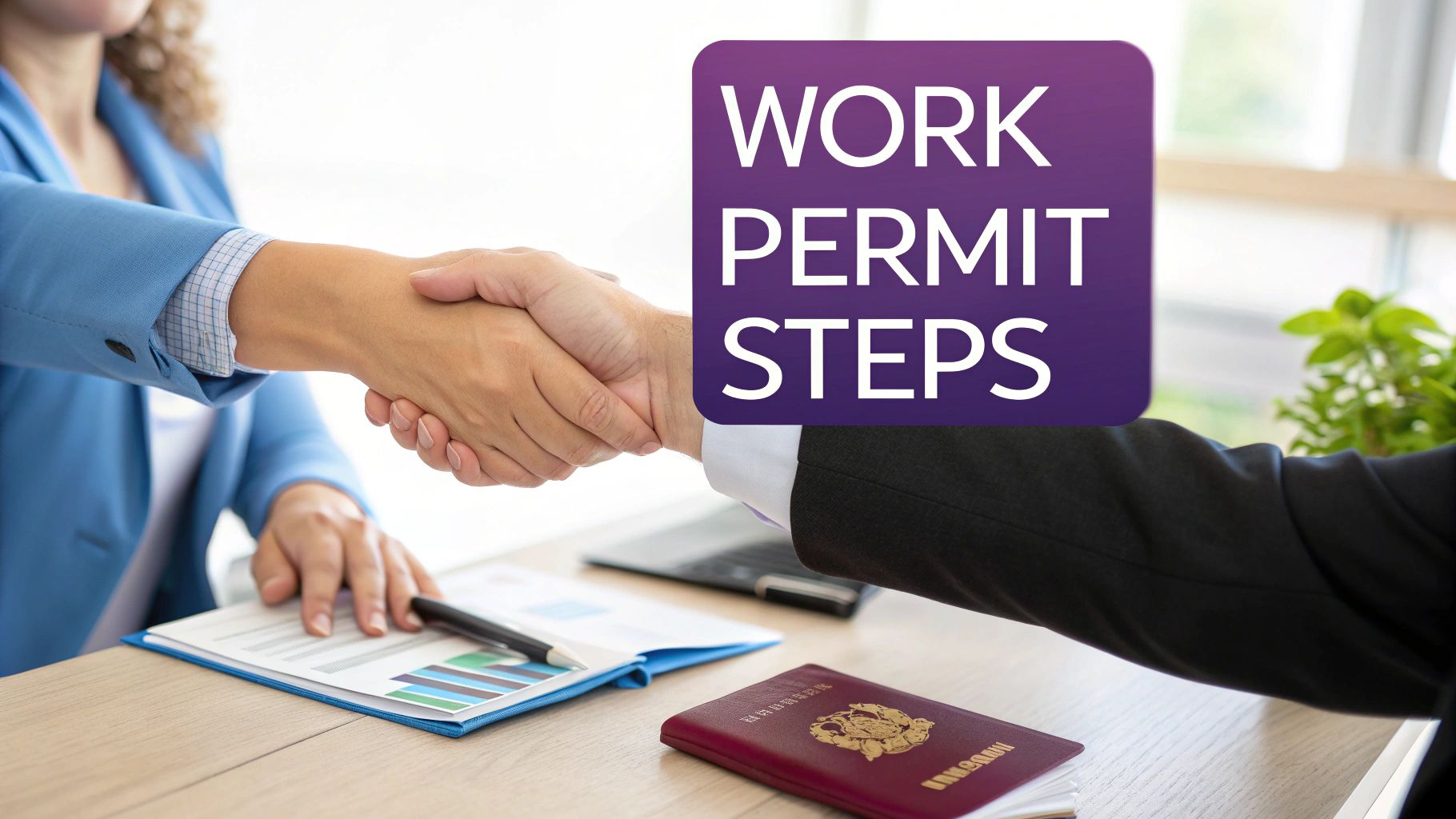 Two professionals shaking hands over a desk with a passport and documents, illustrating work permit steps.