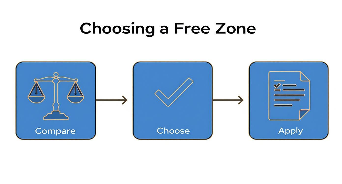 Three step process for choosing a free zone: compare options, choose best fit, apply for license