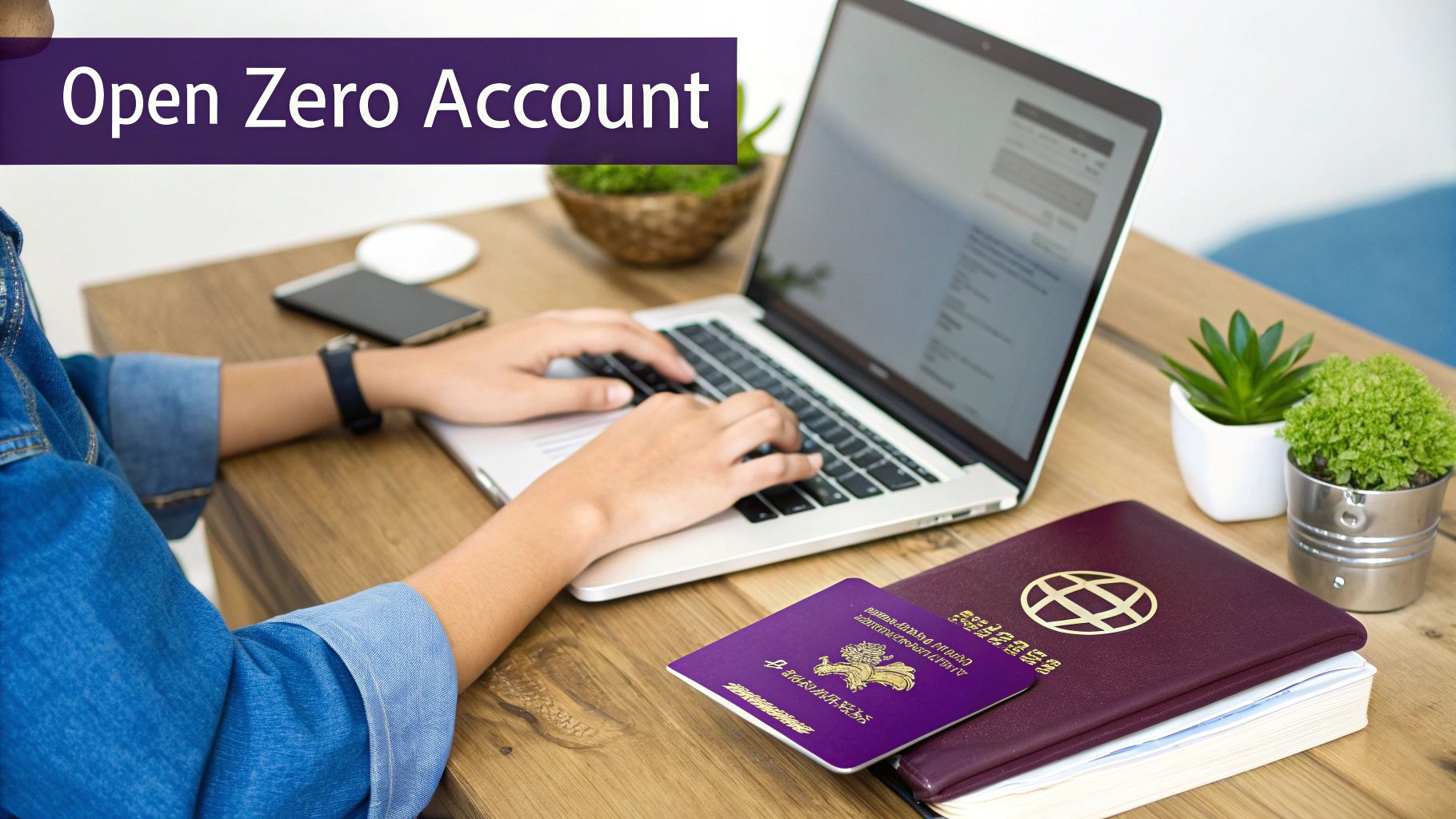 Person typing on a laptop to open a zero account online, with passports and plants.