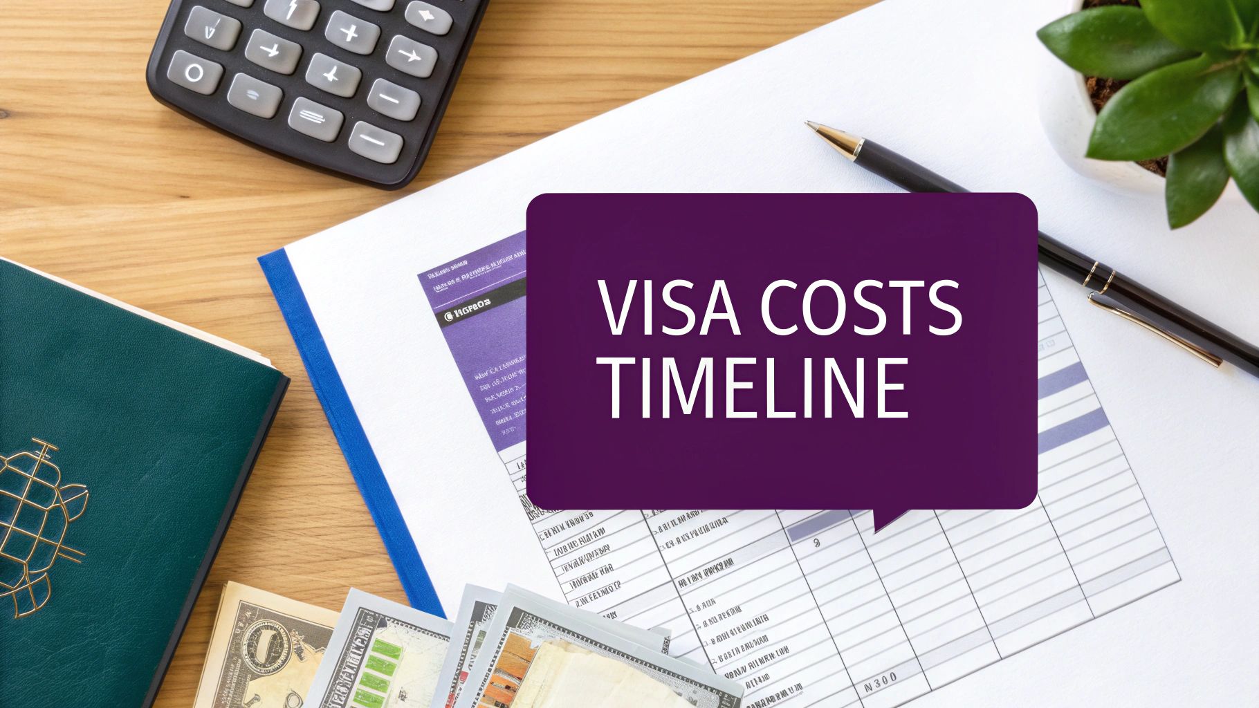 A calculator and pen on a desk with documents, symbolizing the budgeting process for a Dubai freelance visa.