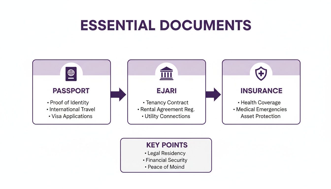 Infographic outlining essential documents for living abroad, including passport, Ejari, and insurance, with key benefits.