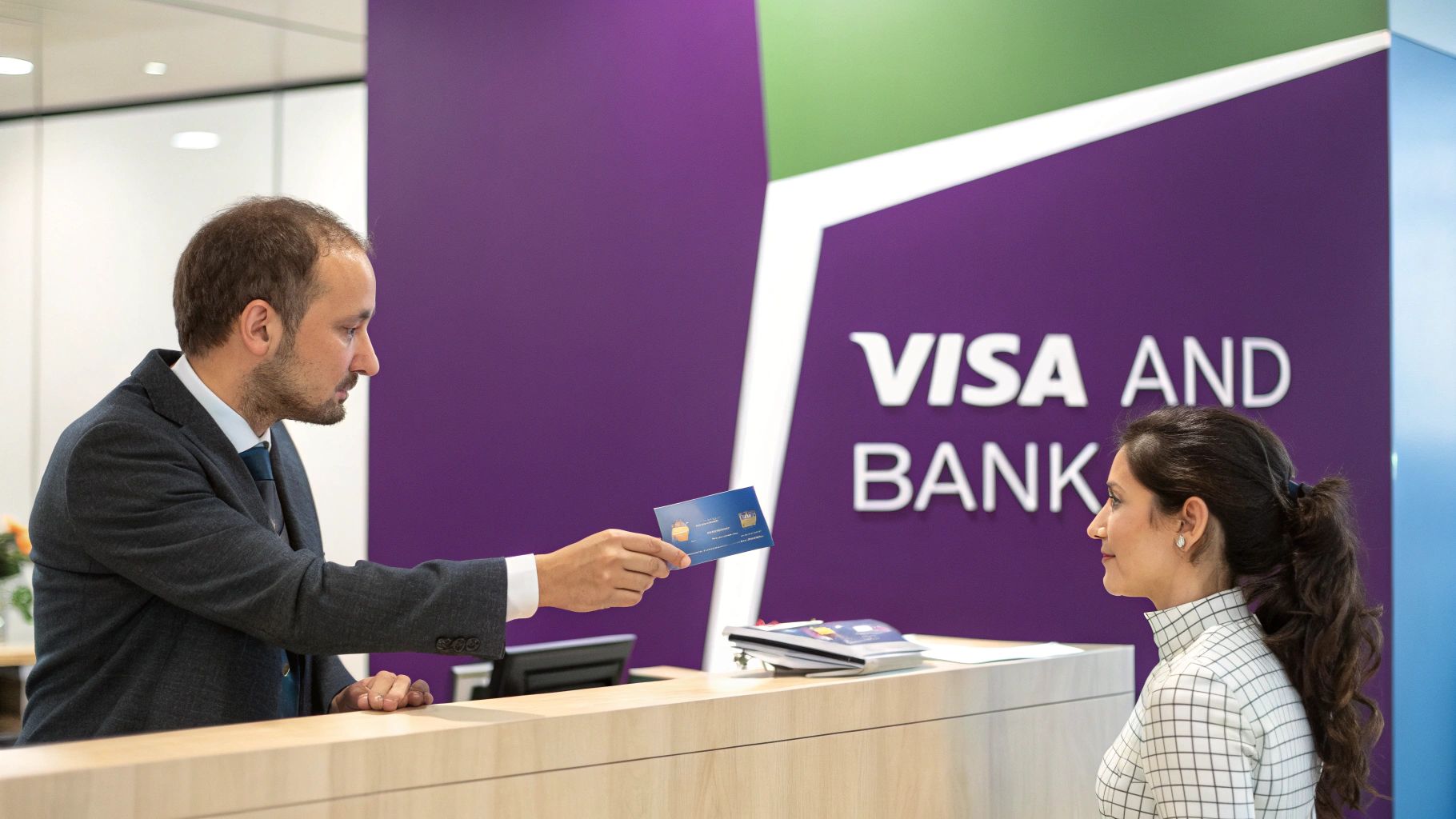 A man in a suit hands a blue credit card to a woman at a bank reception desk.