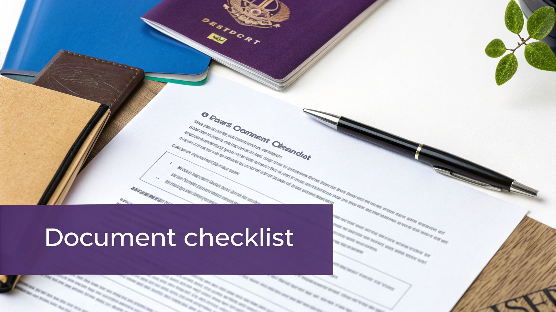 An overhead view of travel documents, a passport, pen, and a document checklist on a white desk.