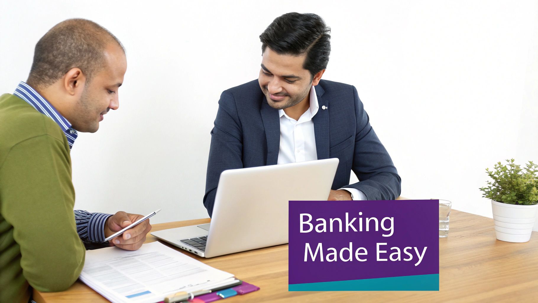 Two men discussing banking options at a desk with a laptop and documents, 'Banking Made Easy' displayed.