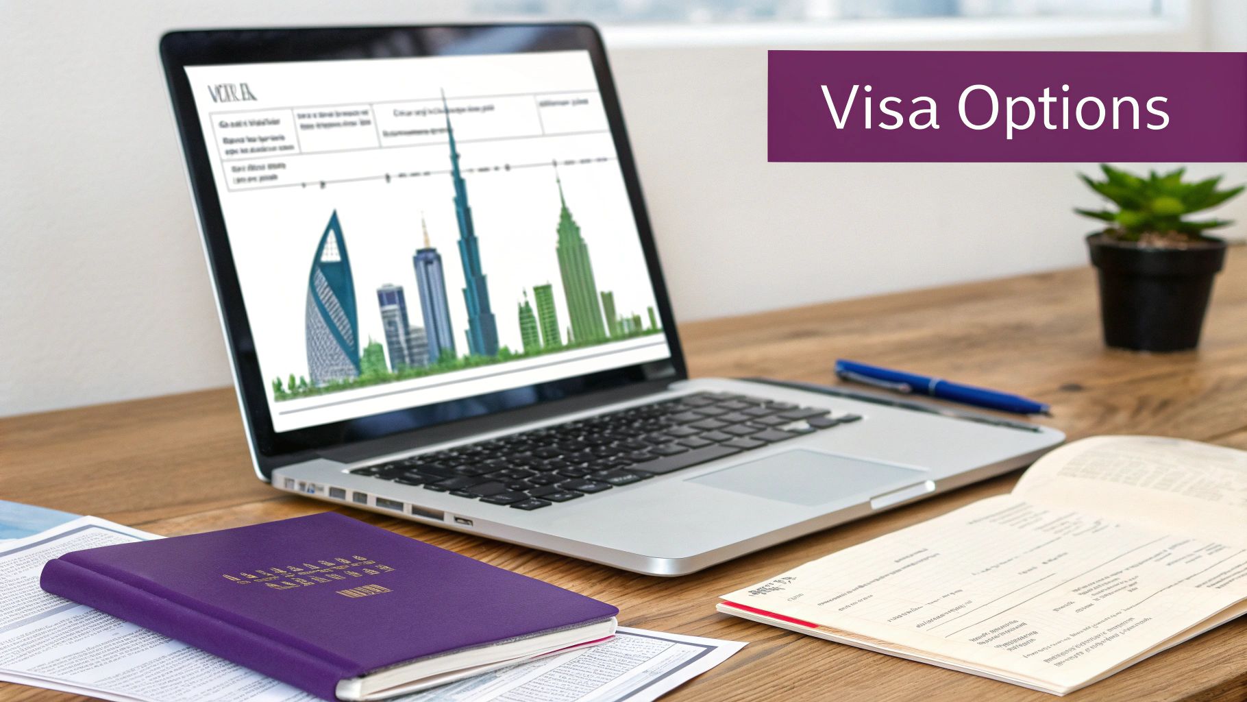 A laptop displaying a Dubai cityscape, with a passport, documents, and pen on a wooden desk, discussing 'Visa Options'.