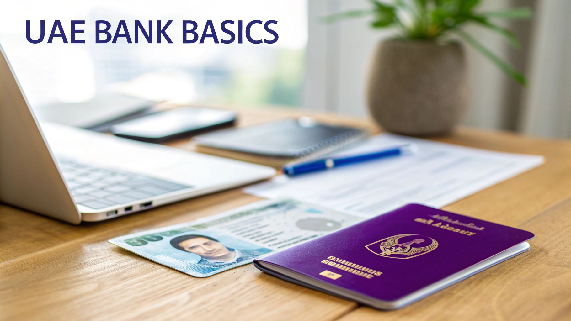Documents for opening a bank account in UAE, including a passport, ID, and application forms on a desk.