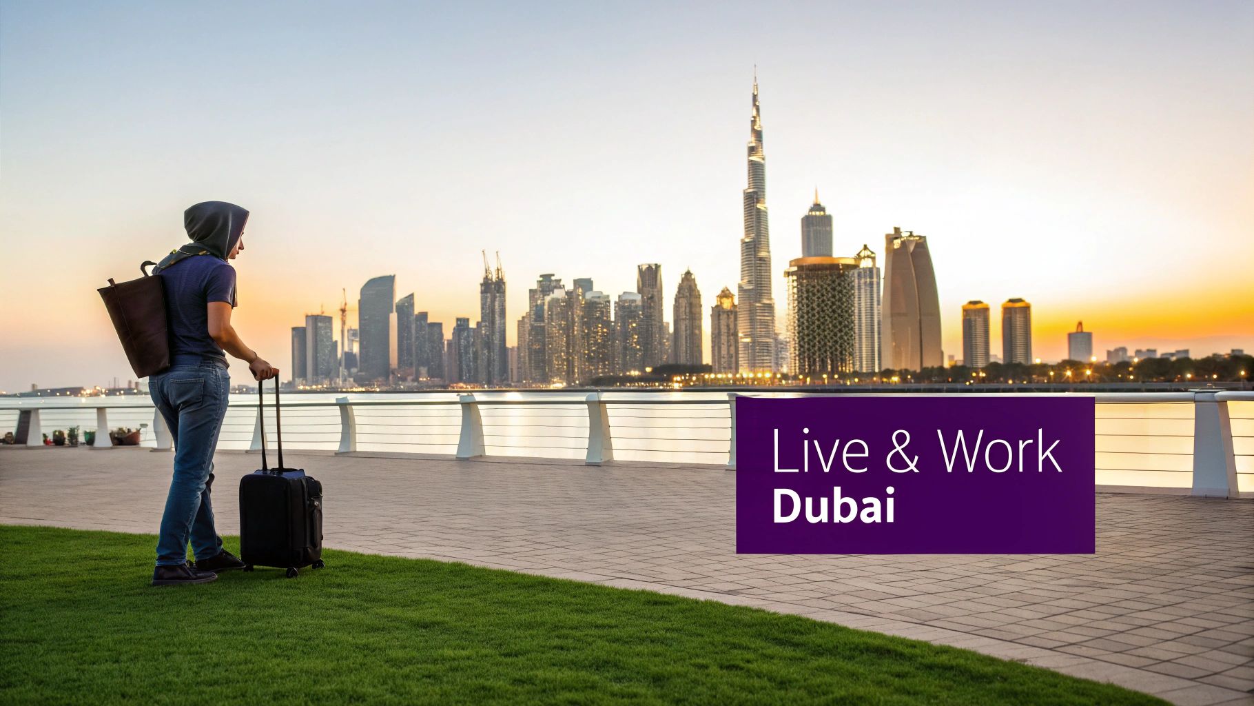 Modern Dubai skyline with skyscrapers and clear blue sky