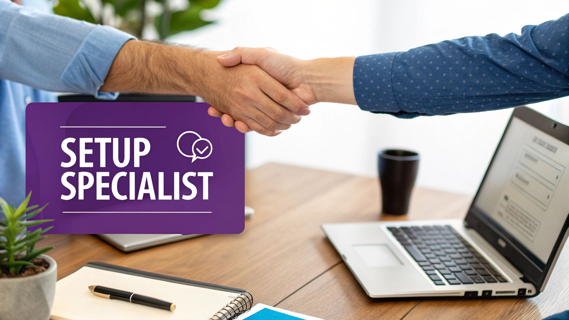 Two people shake hands across a desk, with a laptop and 'SETUP SPECIALIST' text on a purple overlay.