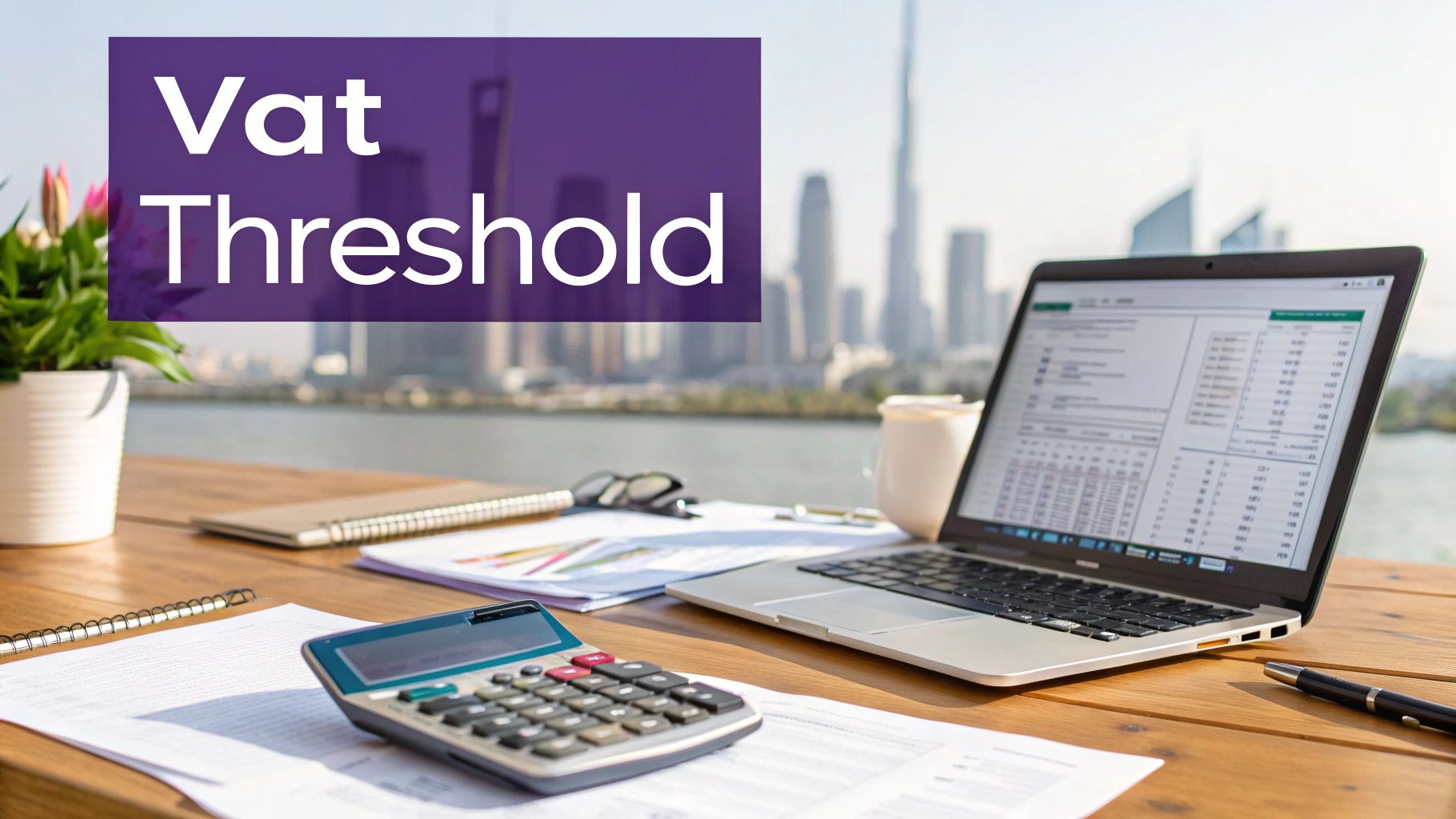 A desk setup with a laptop, calculator, and documents, featuring 'Vat Threshold' text and a city skyline.
