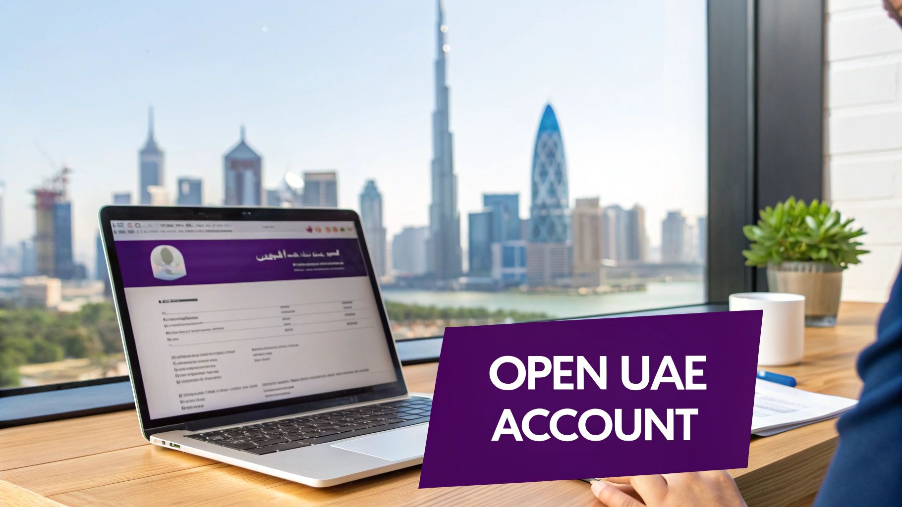 Professional opening UAE bank account online with Dubai skyline view in modern office