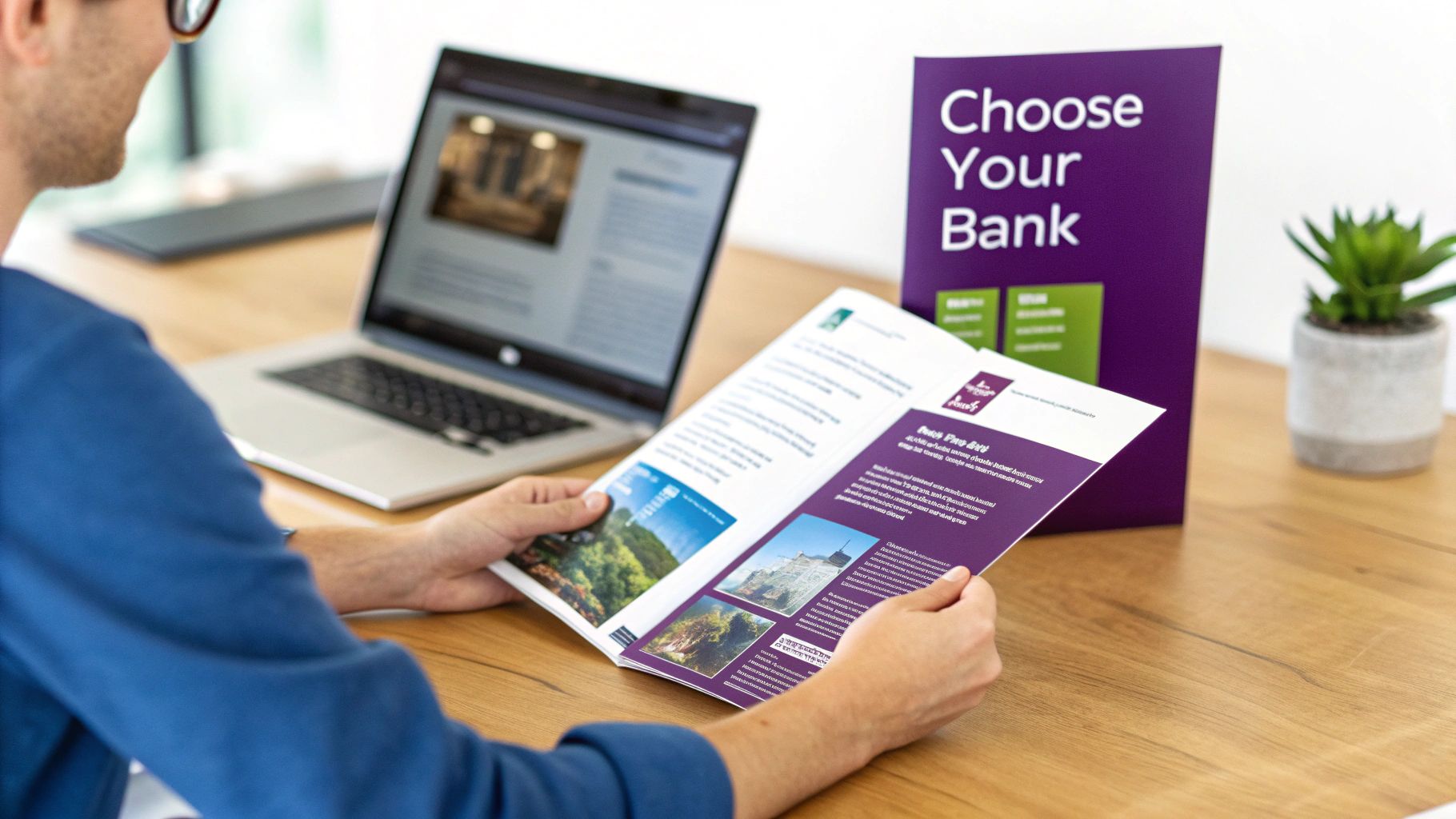 A person reviewing bank information on a laptop and holding a 'Choose Your Bank' brochure.
